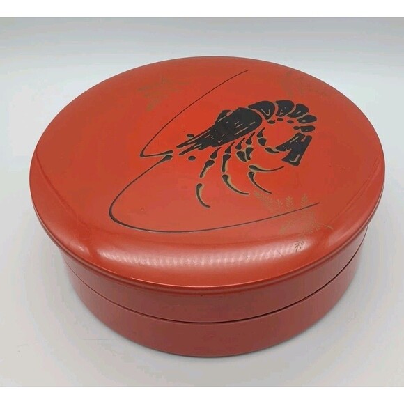 Vtg Japanese Jabako Tier Box Orange Lacquer New Years Crayfish - Picture 1 of 6